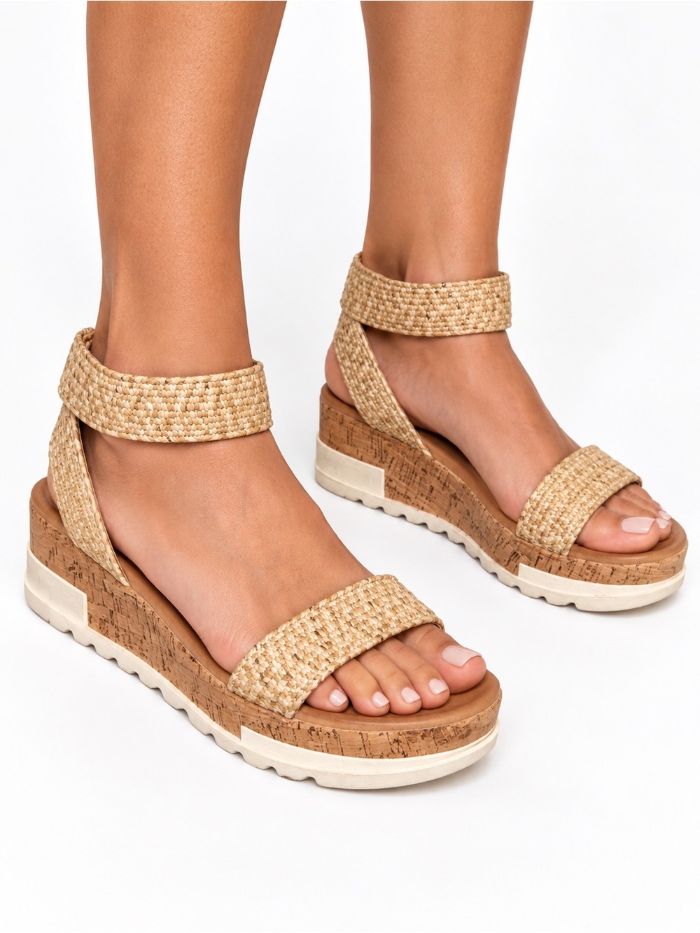 Steve Madden Beige/Tan Woven Ankle-Strap Wedge Sandals